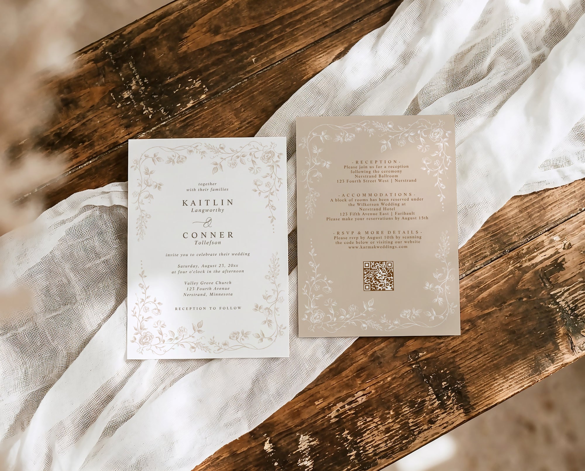 Beige French toile wedding invitation with botanical border and RSVP QR code.