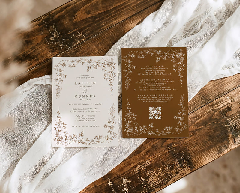 Brown and cream French toile wedding invitation with vintage floral border and RSVP QR code.