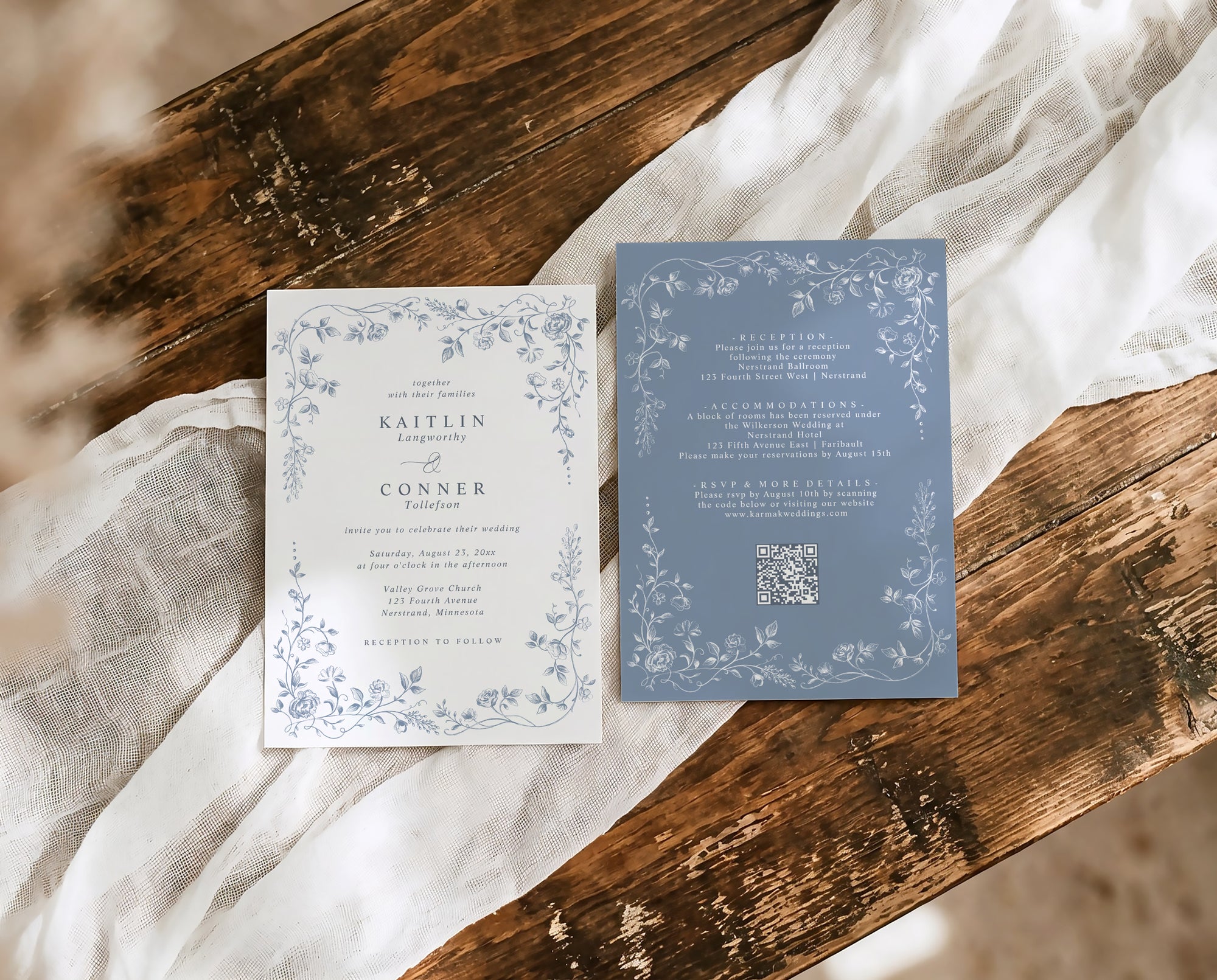 Dusty blue French toile wedding invitation with vintage botanical border and RSVP QR code.