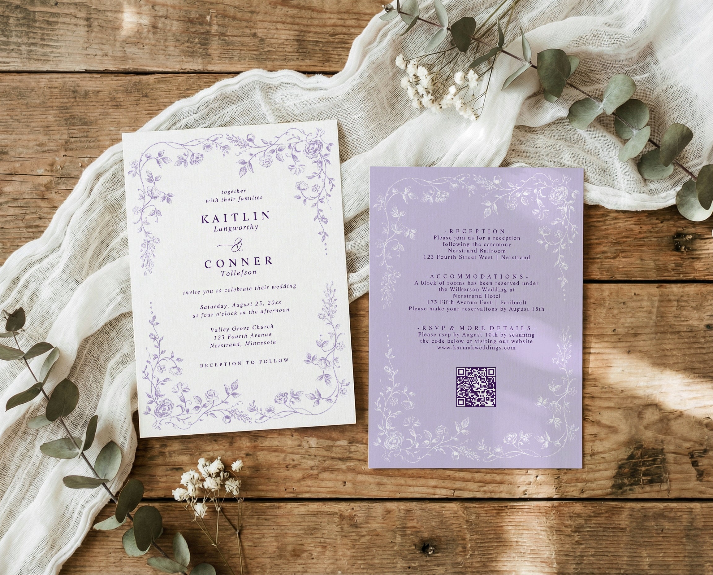 Lavender French toile wedding invitation with vintage botanical border and RSVP QR code.