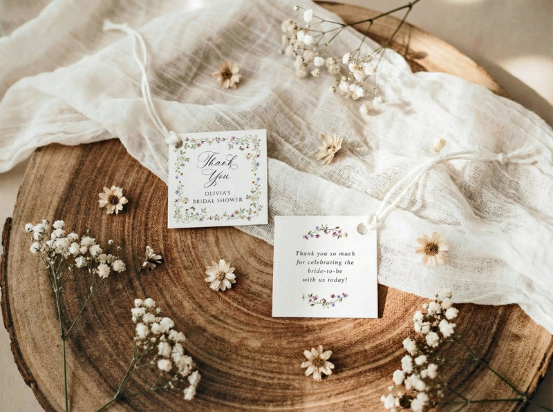 Two thank you favor tags for a bridal shower on a wooden surface with white flowers and sheer fabric.