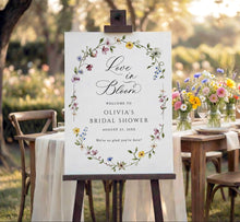 Bridal shower welcome sign with watercolor wildflowers and elegant love is in bloom floral design