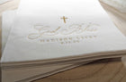 Custom christening napkin with “God Bless” and simple cross design