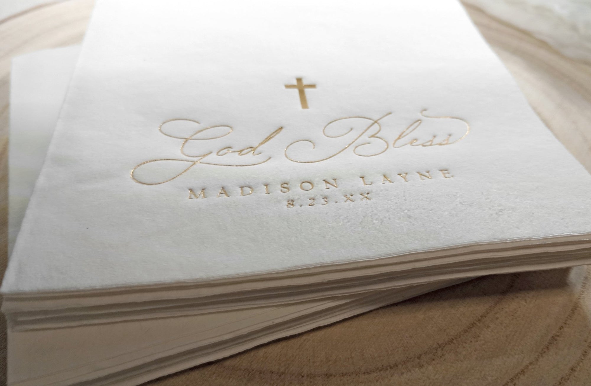 Custom christening napkin with “God Bless” and simple cross design