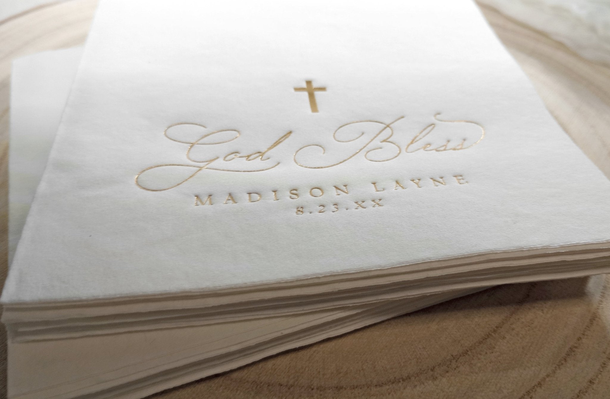 Custom christening napkin with “God Bless” and simple cross design
