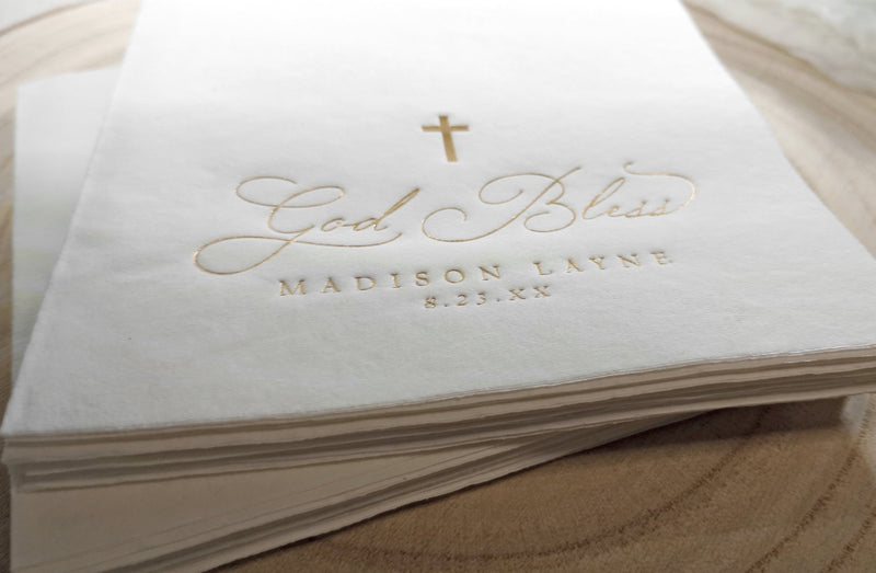 Custom christening napkin with “God Bless” and simple cross design