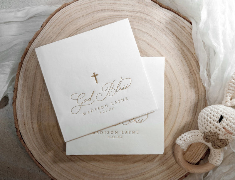 Elegant baptism napkin with gold foil cross, personalized with name and date