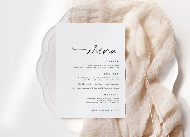 Modern handwritten wedding menu card with thank you on back and space for wax seal or name tag.