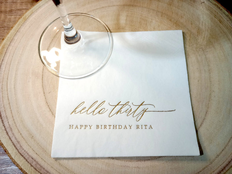 Personalized hello thirty gold foil 30th birthday party napkin