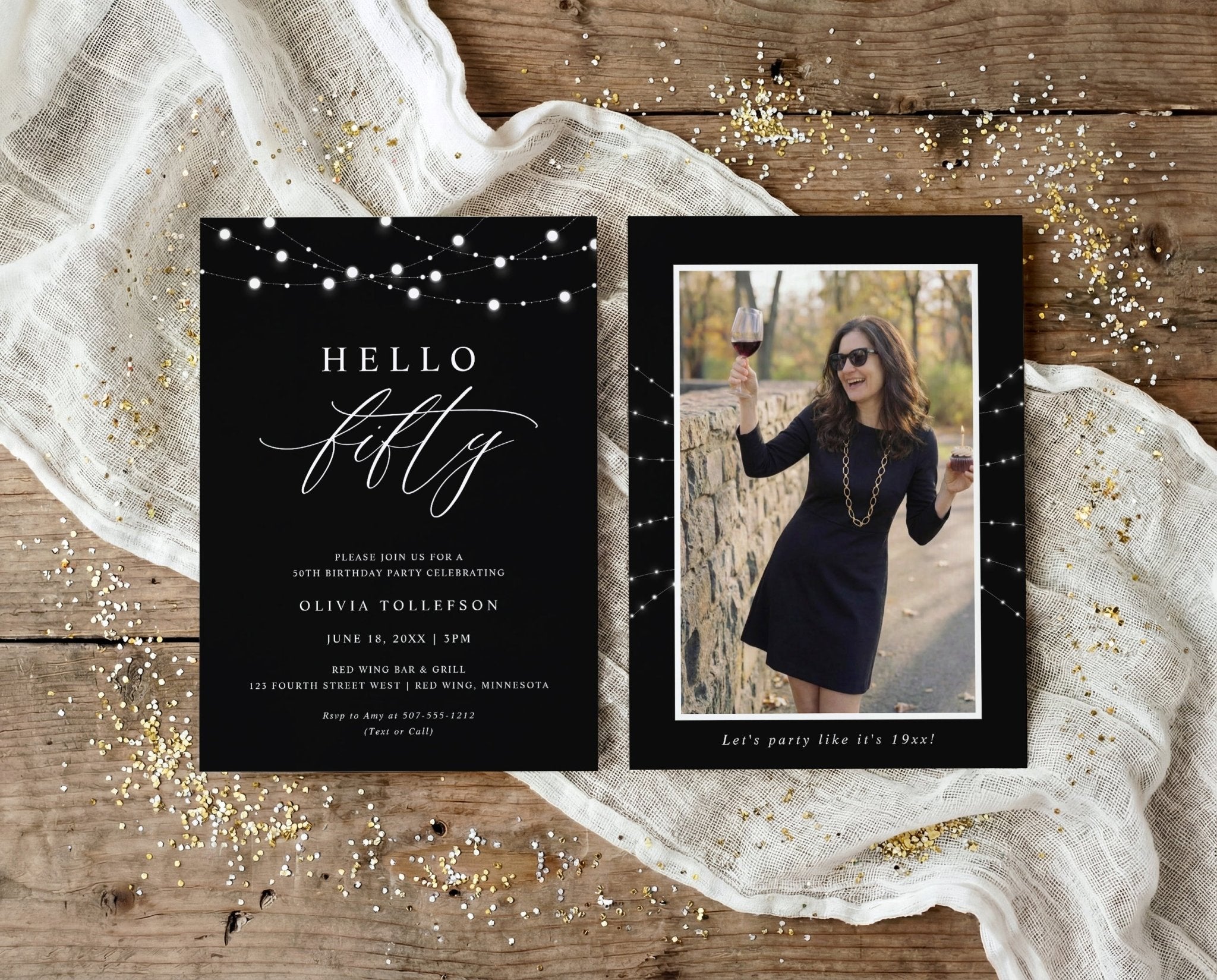 Hello Fifty 50th birthday invitation with string lights in black and white with photo on back