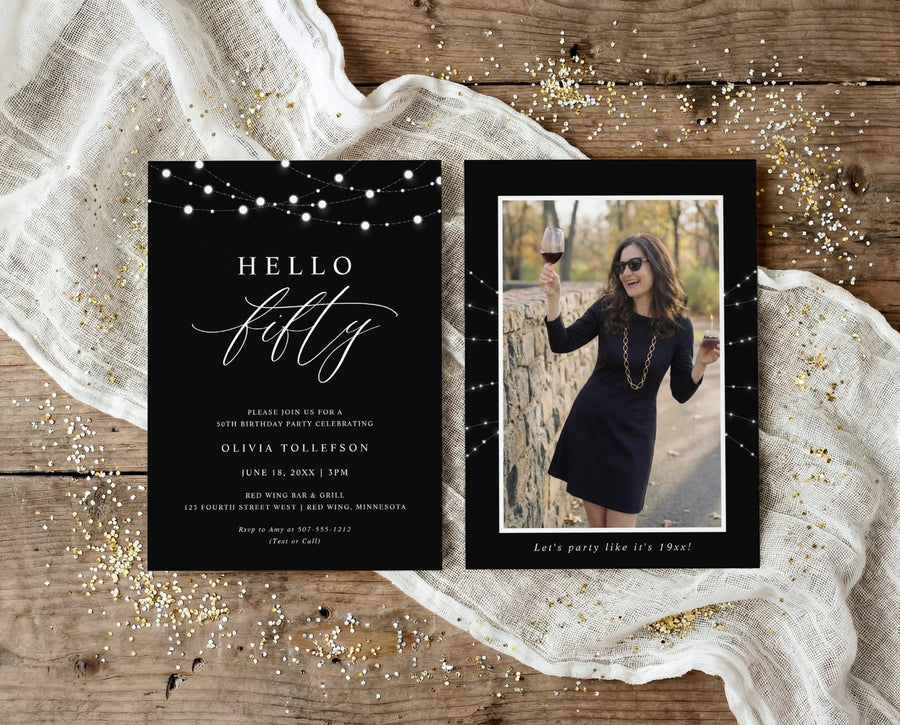 Hello Fifty 50th birthday invitation with string lights in black and white with photo on back