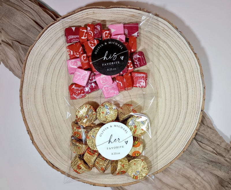 Bowl with chocolates labeled 'His Favorite' and 'Her Favorite' on a wooden surface.