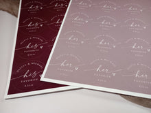 Two sheets of personalized stickers with 'his favorite' and 'her favorite' text on a white surface.