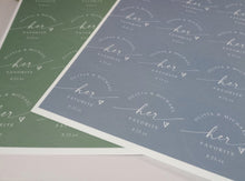 Two sheets of stickers in dusty blue and sage with 'her favorite' text on a white background