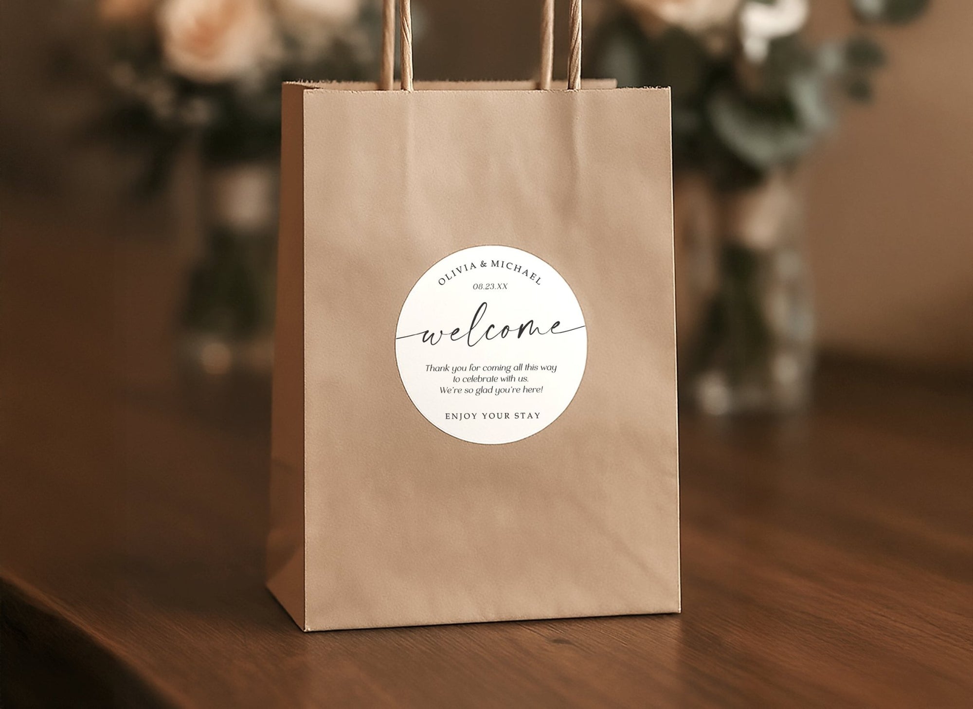 Wedding hotel bag with custom welcome label attached
