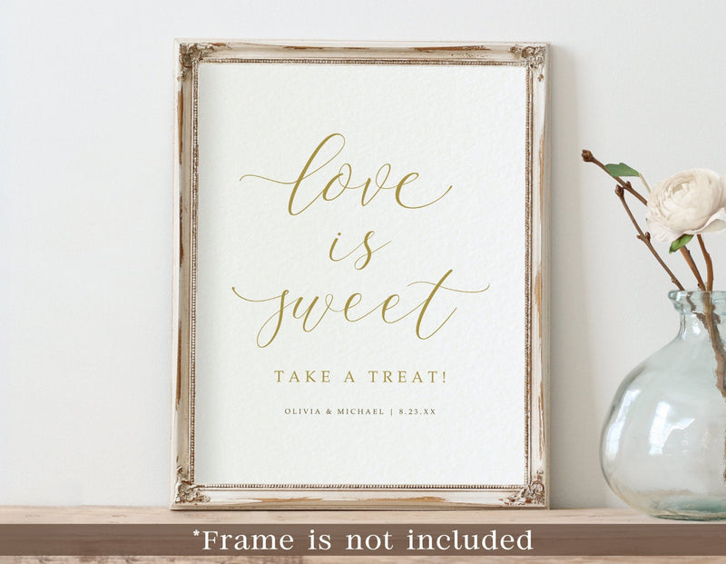 dessert table printed wedding sign with calligraphy text on neutral backdrop