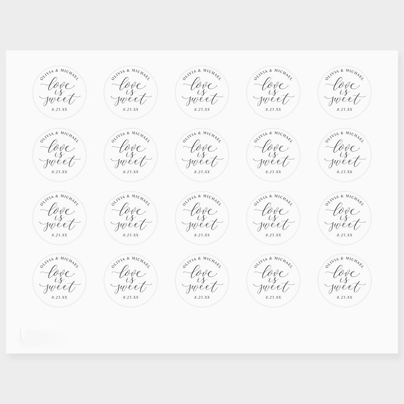 Love is Sweet black and white wedding stickers in elegant modern calligraphy