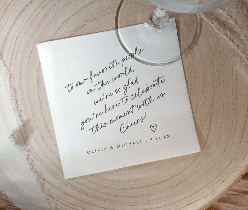Printed love note custom wedding napkins with heart.