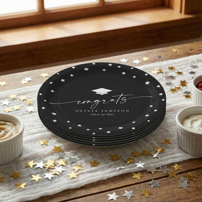 Personalized graduation plates with modern script congrats design