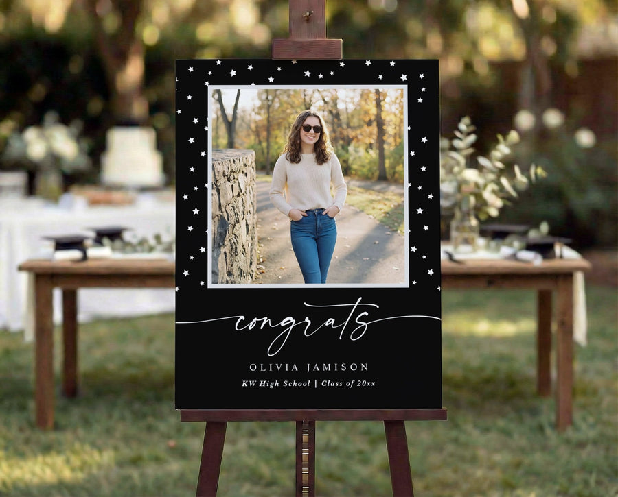 Graduation welcome sign with photo, script congrats and black and white design