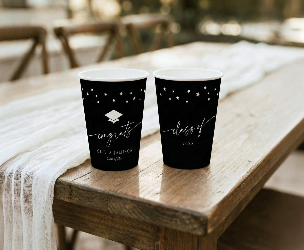 Scripted Cups Personalized Graduation Paper Cups | Congrats Grad Cap | Karma K. Weddings