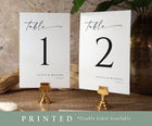 Elegant table number cards 1 and 2 for weddings, styled with gold stands and greenery