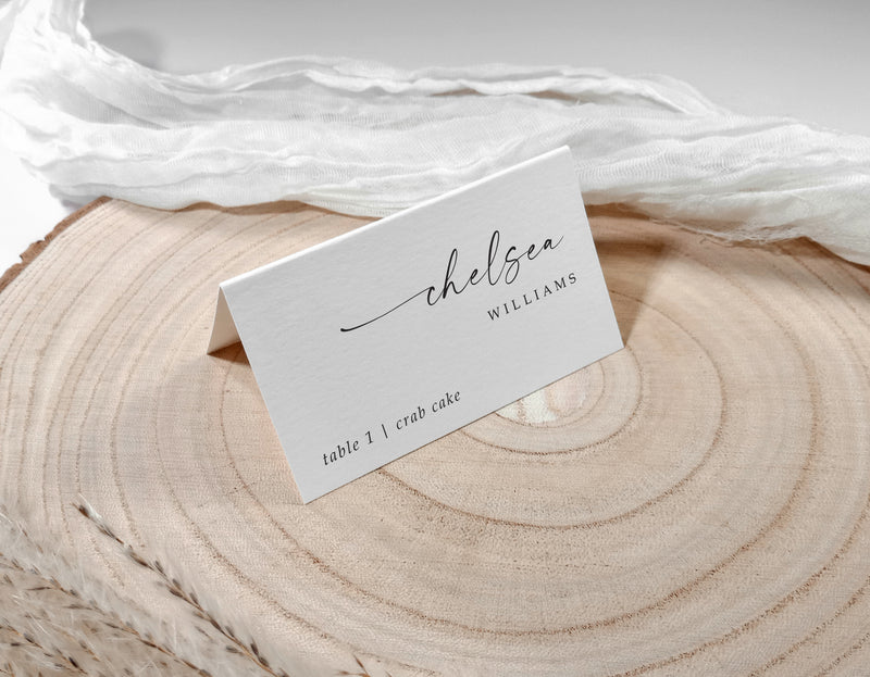 Personalized printed name cards for weddings with minimalist script and table number