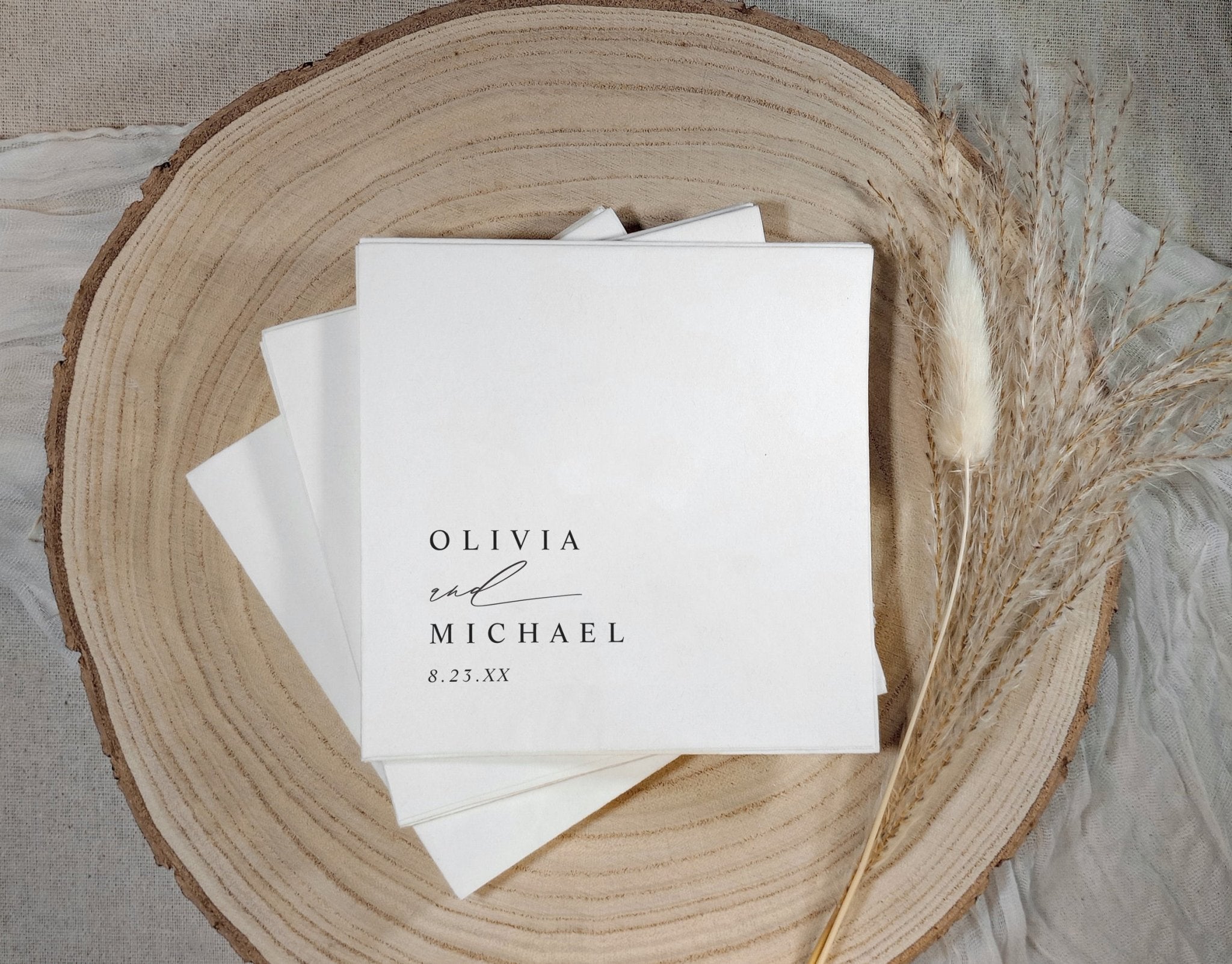 Black and white wedding napkins with names and handwritten and script minimalist design