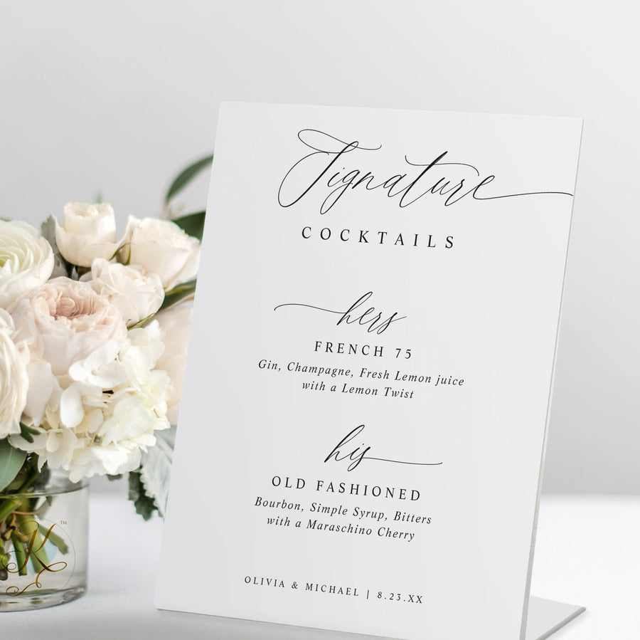 Modern black and white signature drinks wedding sign with minimalist handwritten script