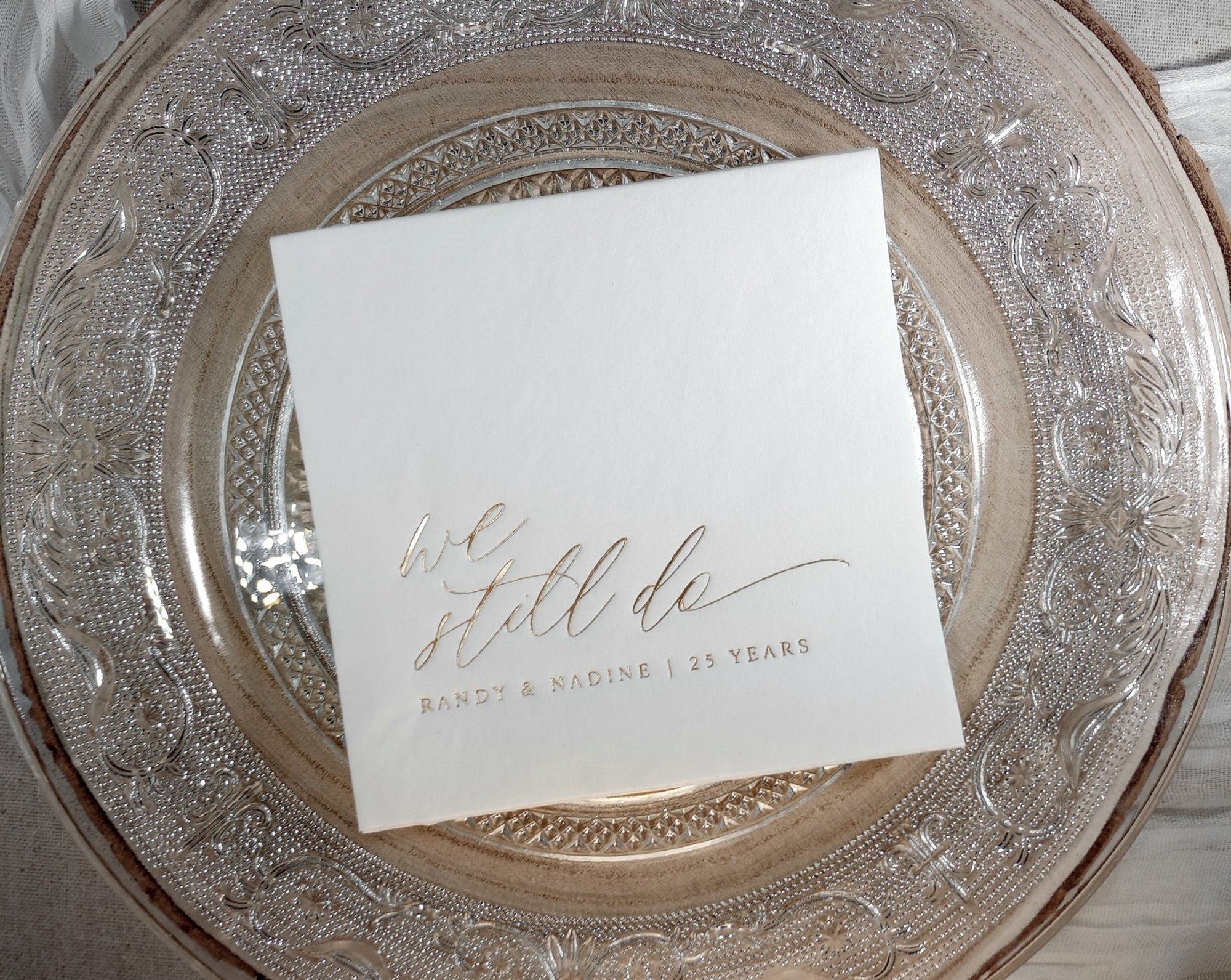 Modern personalized anniversary or vow renewal napkins in gold