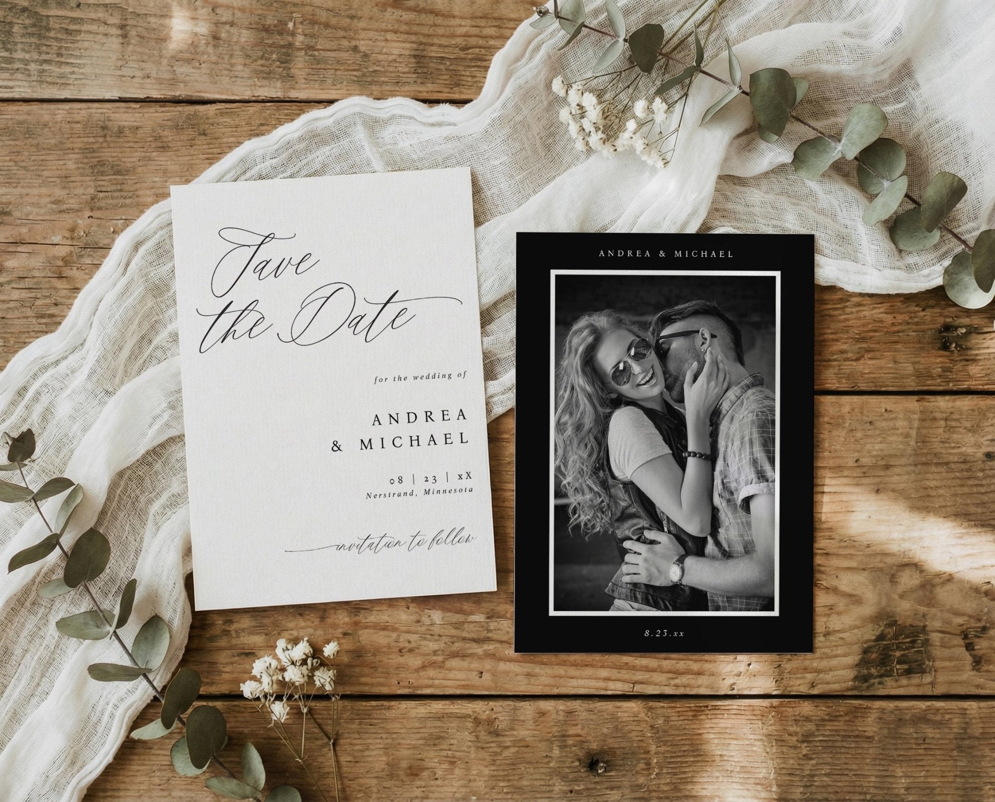 Modern black and white photo wedding save the date with elegant script calligraphy
