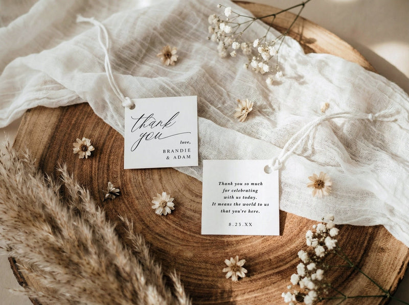 Black and white wedding favor thank you tags with modern calligraphy and minimalist style