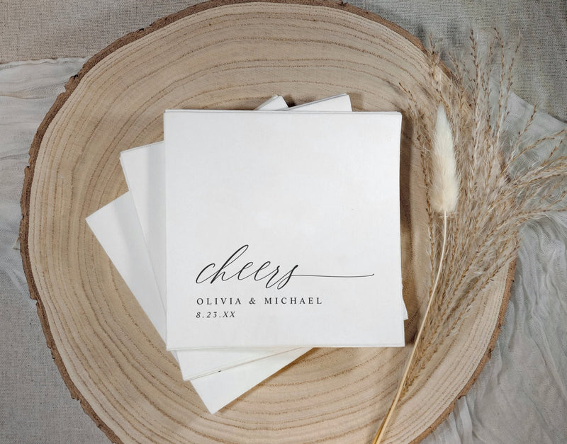 Black and white wedding napkins with cheers script, modern minimalist calligraphy design