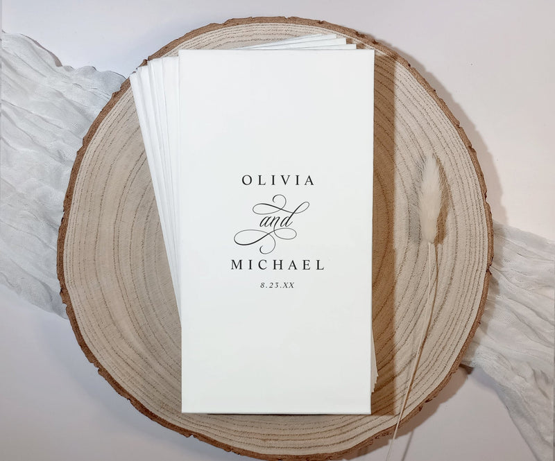 Stack of custom disposable guest towels for wedding bathrooms