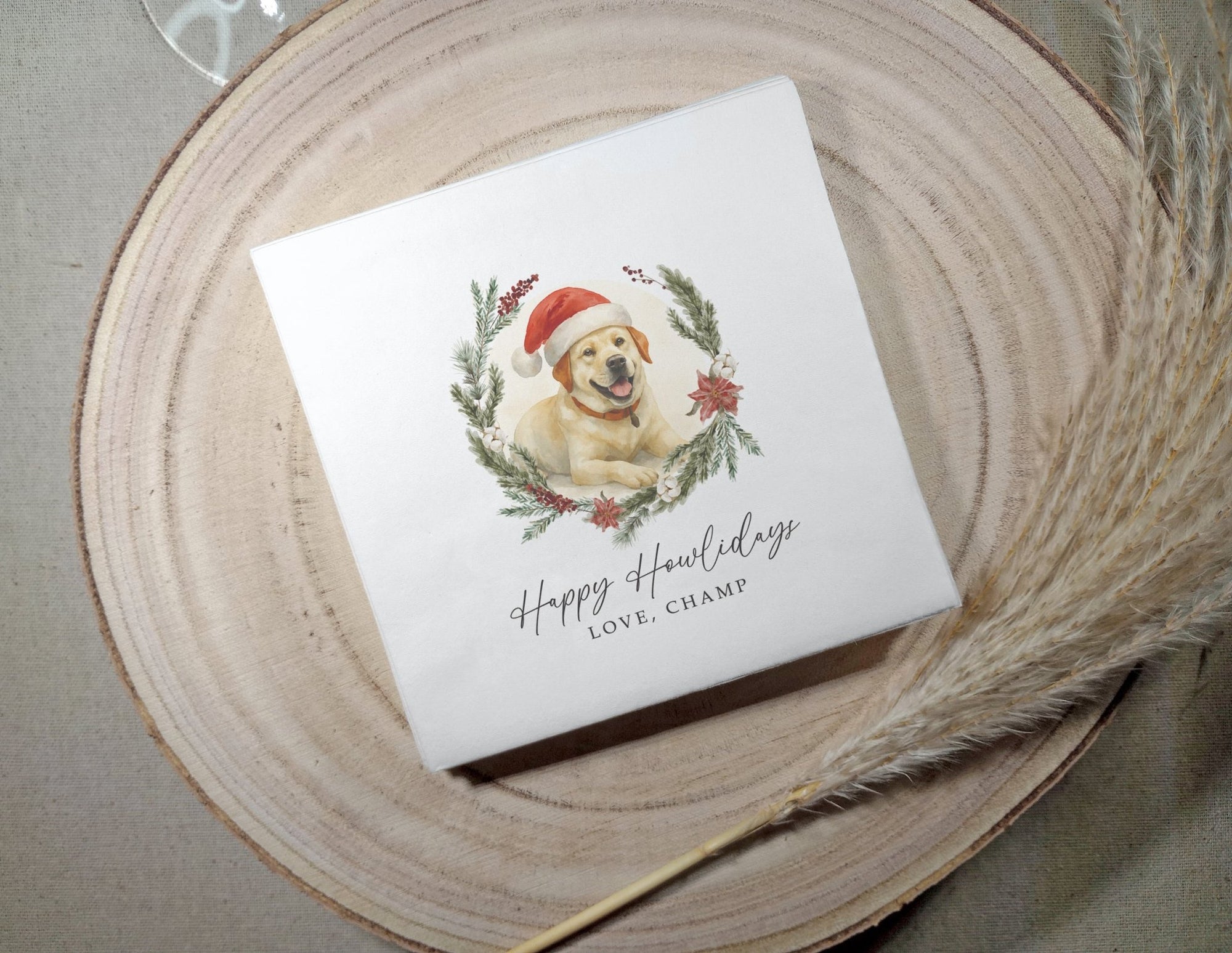 Custom dog cocktail napkin with watercolor pet portrait wearing Santa hat, Christmas holiday design