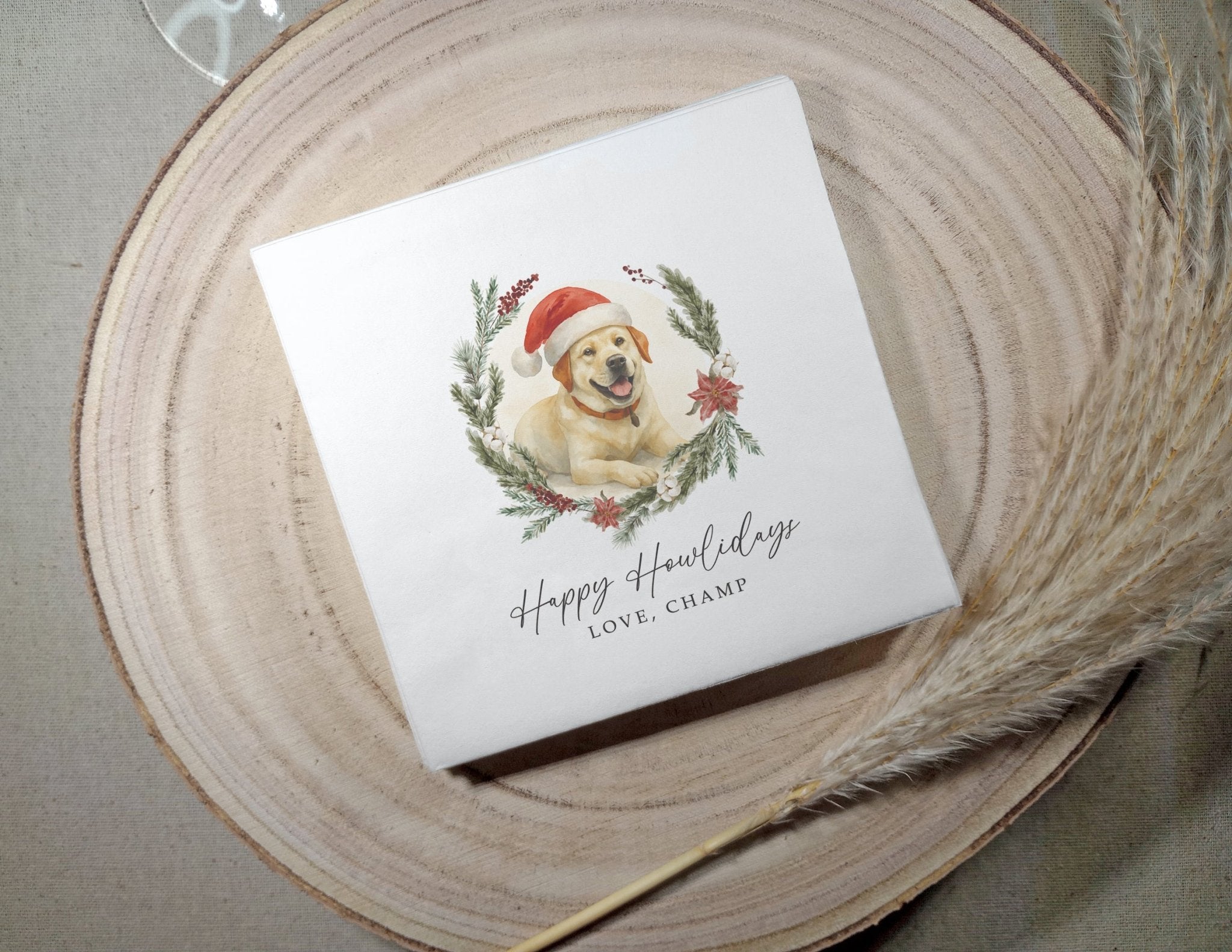 Custom dog cocktail napkin with watercolor pet portrait wearing Santa hat, Christmas holiday design