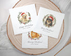 Personalized pet holiday napkins featuring cat or dog photo in watercolor style with festive Santa hat