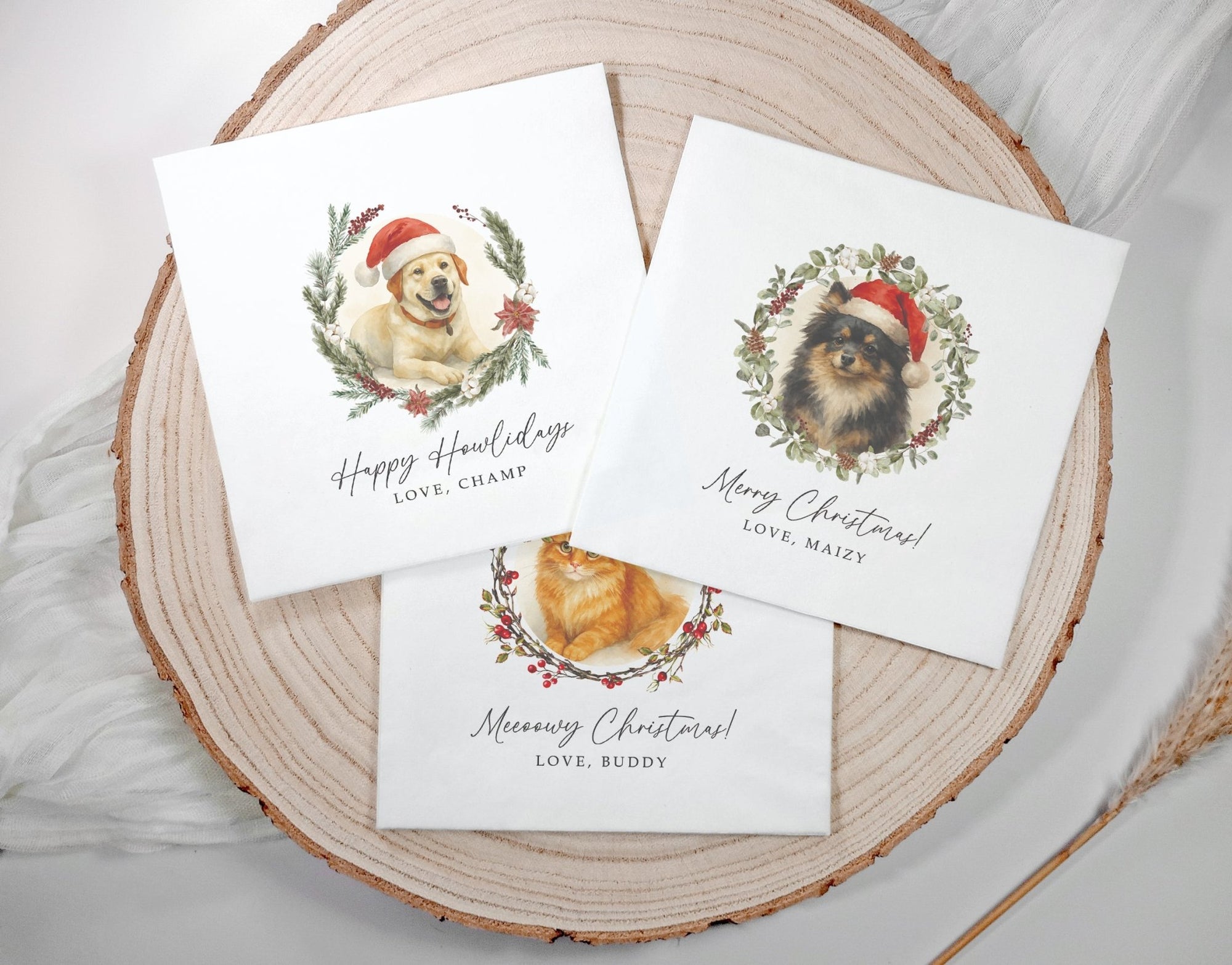 Personalized pet holiday napkins featuring cat or dog photo in watercolor style with festive Santa hat