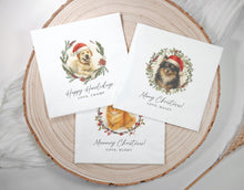 Personalized pet holiday napkins featuring cat or dog photo in watercolor style with festive Santa hat