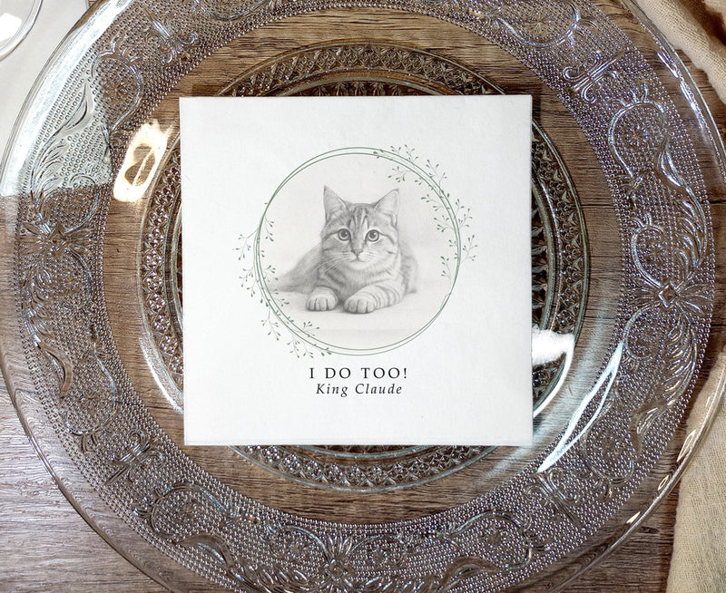 “Custom ink printed wedding napkins with hand sketched cat photo design”