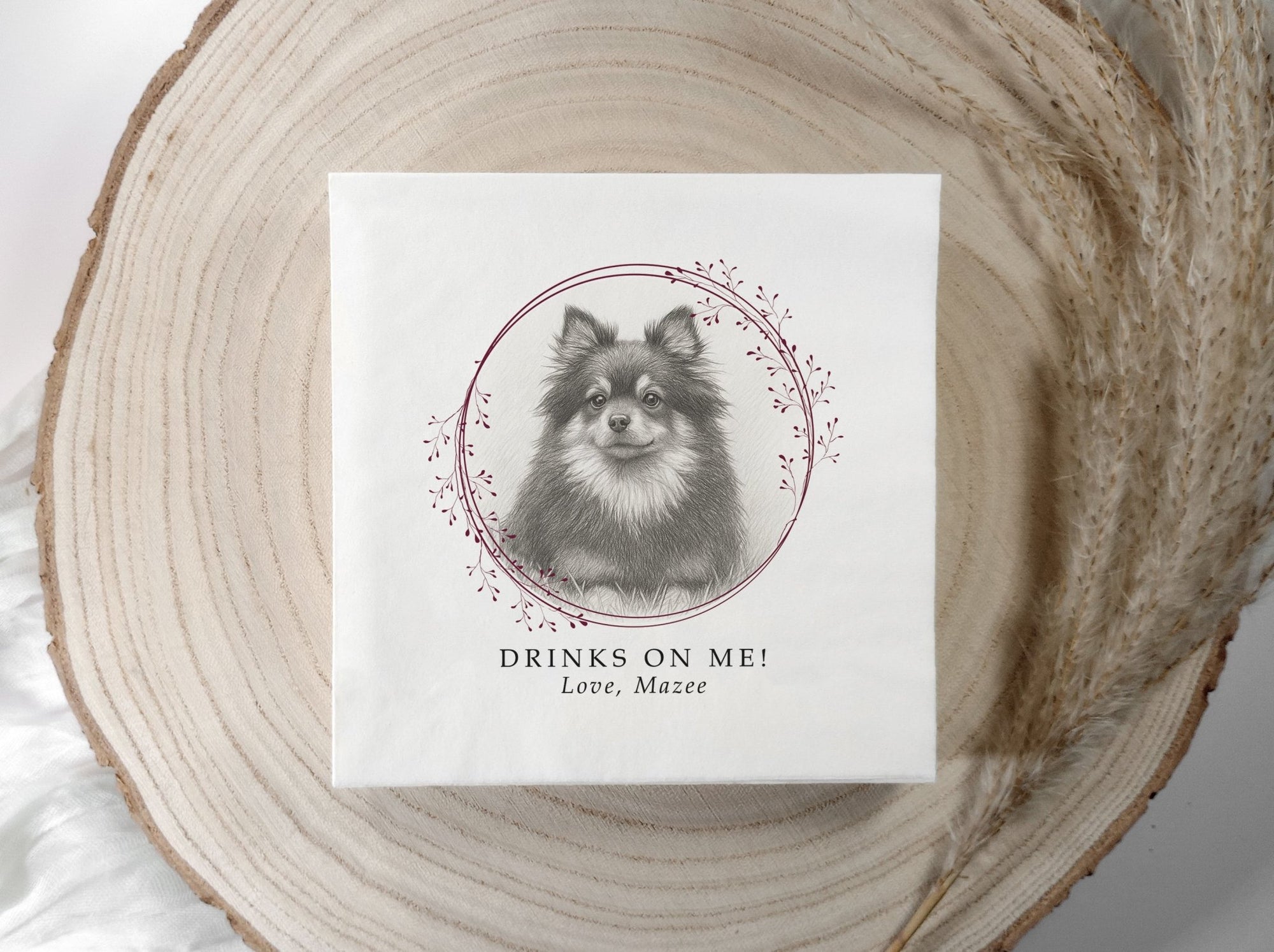 “Personalized dog photo cocktail napkin with pet name and wedding text”