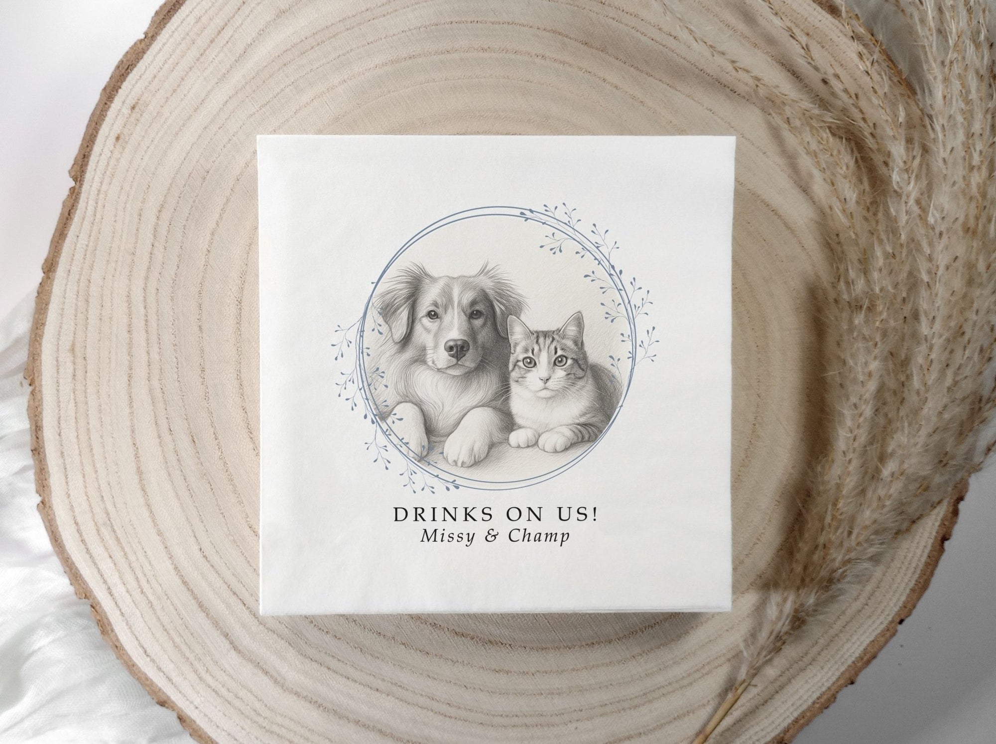 “Custom wedding napkins featuring hand sketched pet design and fun saying”