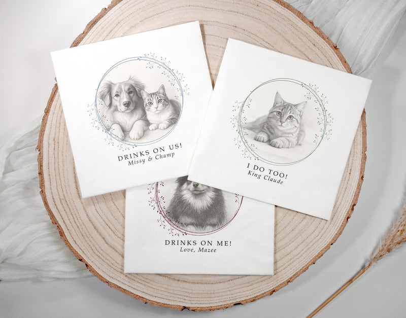 “Elegant pet portrait wedding napkin in hand drawn sketch style”