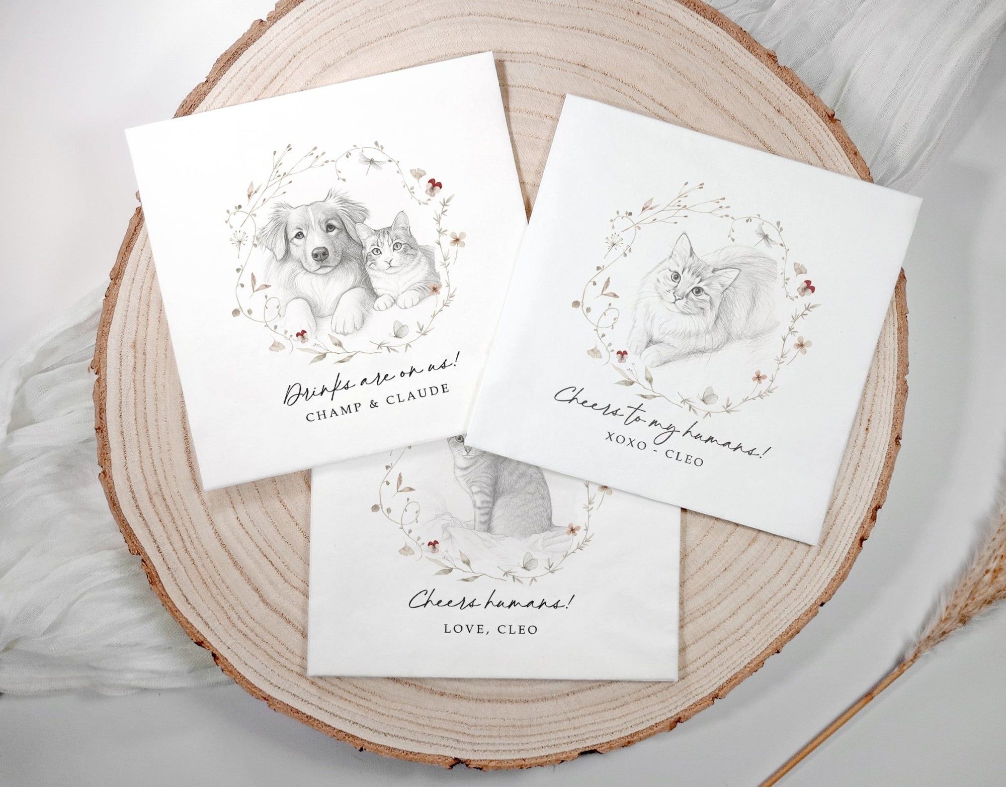 Watercolor wildflower wreath pet wedding napkin with custom sketch and text