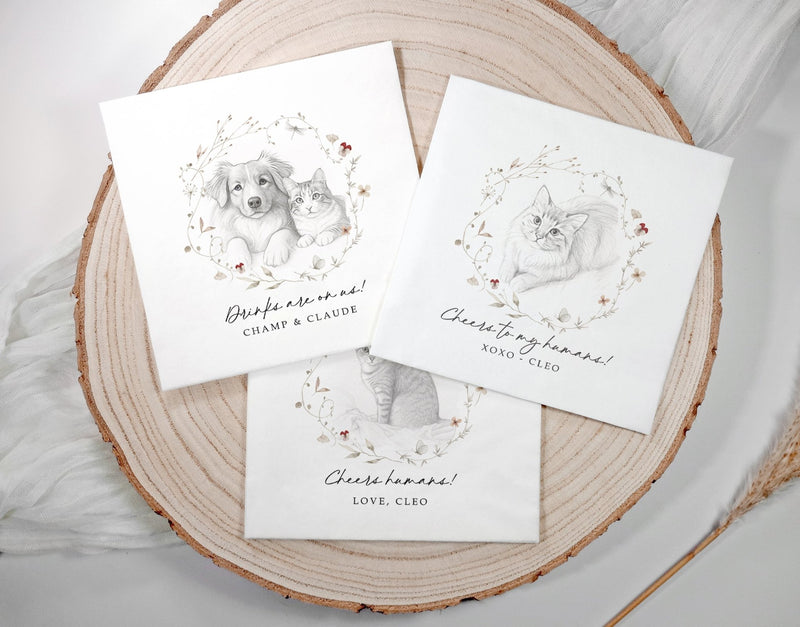Watercolor wildflower wreath pet wedding napkin with custom sketch and text