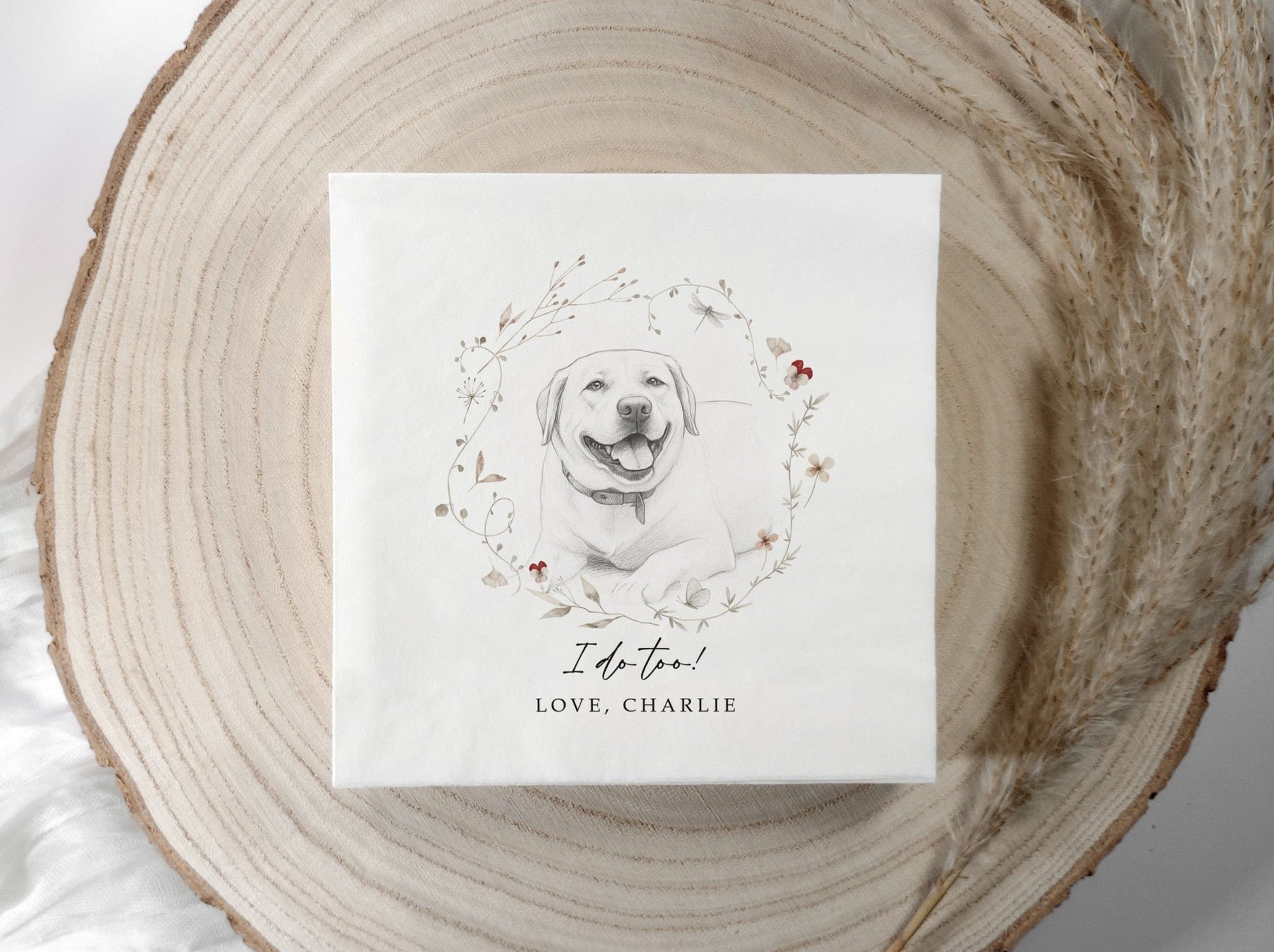 Personalized dog wedding napkin with floral wreath design