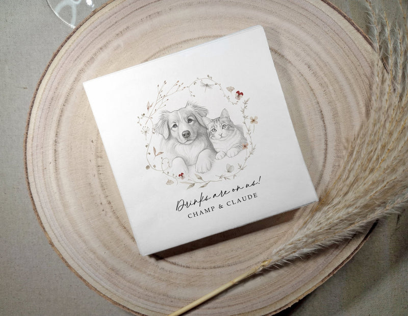 Custom dog and cat wedding napkins featuring watercolor flower wreath and pet portrait