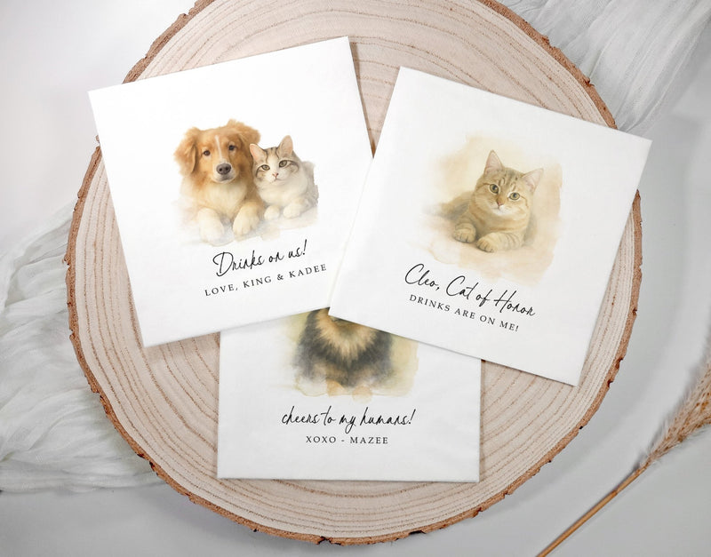 Full color watercolor pet photo wedding napkins with custom text