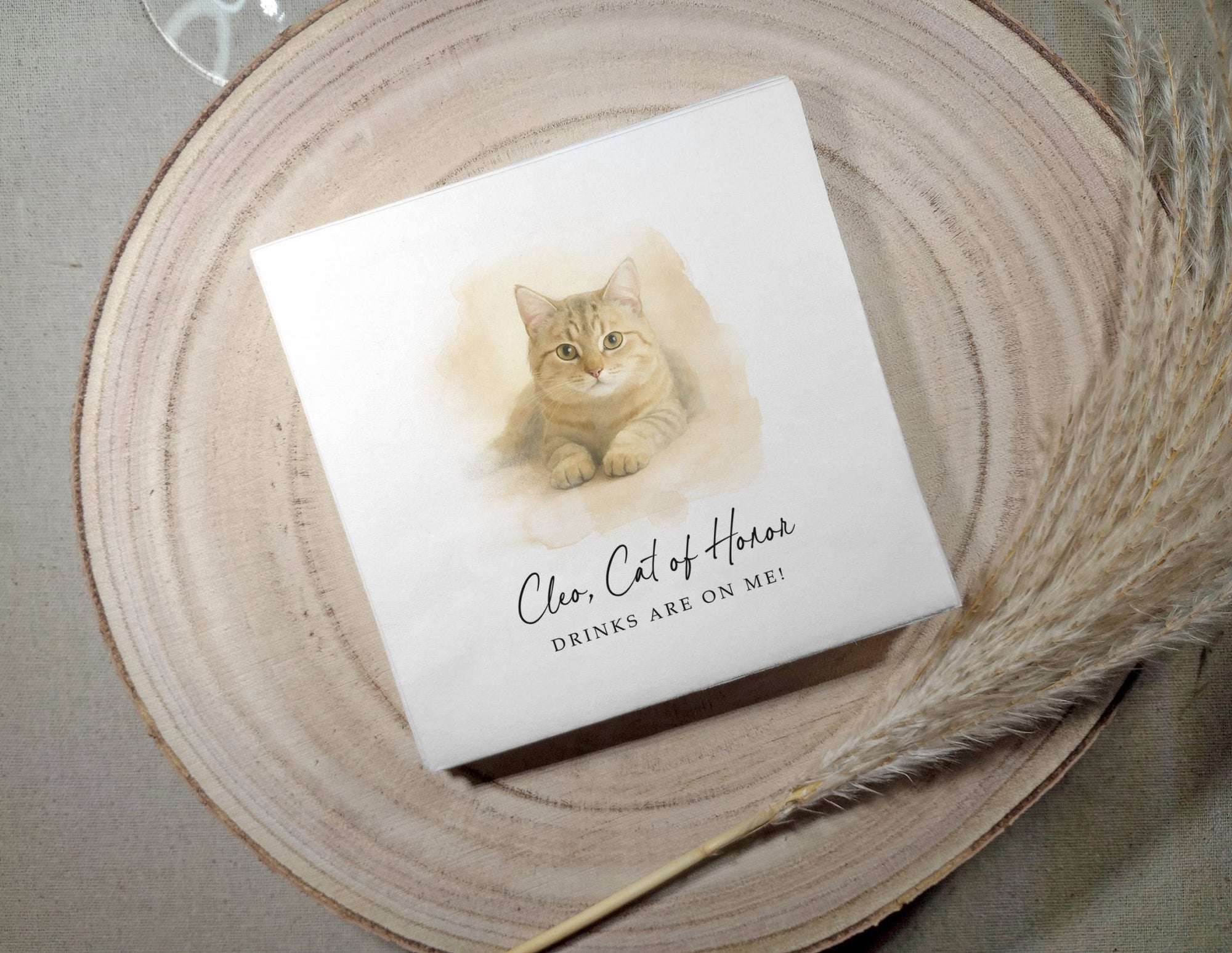 Elegant wedding cocktail napkins with watercolor style cat portrait