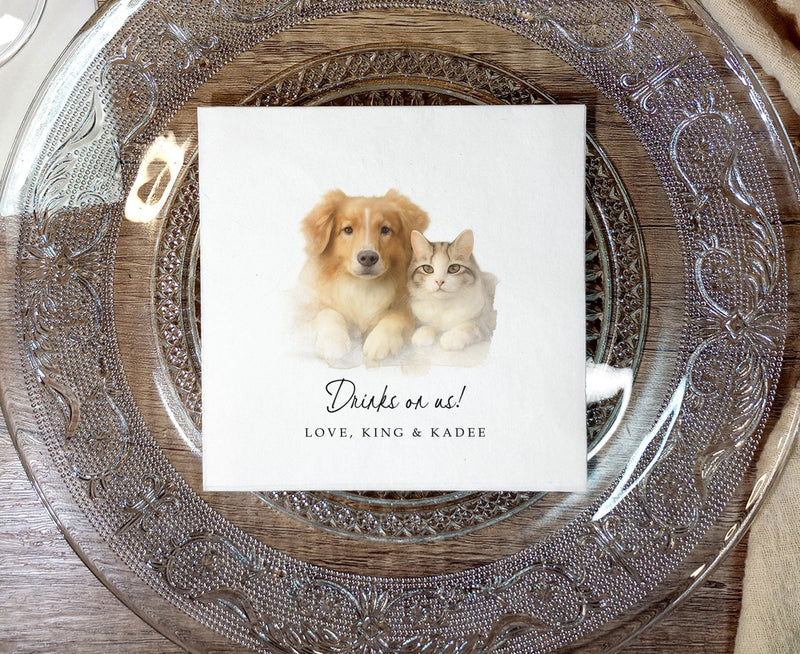 Personalized wedding napkins featuring watercolor dog design